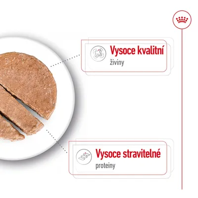 Plátky krmiva na talíři, zvýrazněné texty: Vysoce kvalitní živiny, Vysoce stravitelné proteiny.