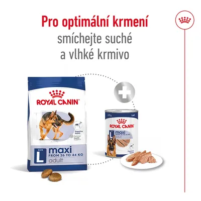 Pro optimální krmení smíchejte suché a vlhké krmivo. Royal Canin maxi adult L 26–44 kg, balení granulí a konzervy s ukázkou obsahu.