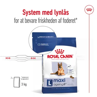 Royal Canin maxi ageing 8+ hundefoder, 3 kg pose med easyopen & zipsystem og freshpack. Tekst: System med lynlås for at bevare friskheden af foderet.