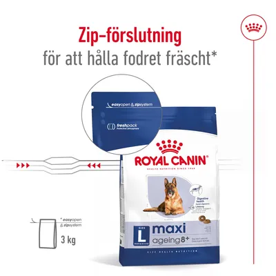 Royal Canin maxi ageing 8+ hundfoder, 3 kg påse med zip-förslutning. Text: Zip-förslutning för att hålla fodret fräscht, easyopen & zipsystem, freshpack protective atmosphere.