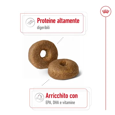 Due crocchette a forma di anello. Testo visibile: 'Proteine altamente digeribili', 'Arricchito con EPA, DHA e vitamine'.
