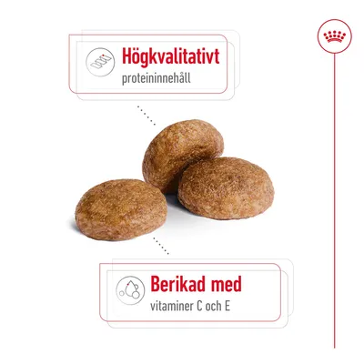 Tre foderbitar med text: Högkvalitativt proteininnehåll. Berikad med vitaminer C och E.