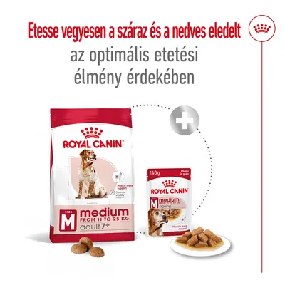 Royal Canin medium adult 7+ száraz és nedves kutyaeledel csomagolás, 11–25 kg közötti kutyáknak. Felirat: Etesse vegyesen a száraz és a nedves eledelt az optimális etetési élményért.