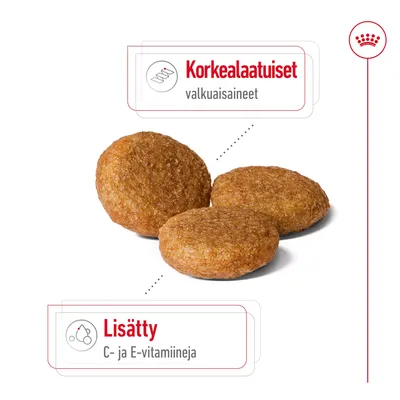 Kolme ruskeaa nappulaa, teksti: Korkealaatuiset valkuaisaineet. Lisätty C- ja E-vitamiineja.