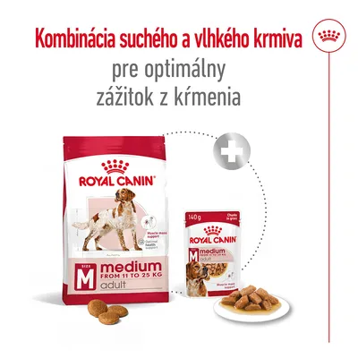 Royal Canin medium adult suché a vlhké krmivo pre psy 11–25 kg, kombinácia balenia. Text: Kombinácia suchého a vlhkého krmiva pre optimálny zážitok z kŕmenia.