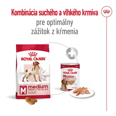 Kombinácia suchého a vlhkého krmiva Royal Canin Medium Adult pre psy 11–25 kg. Text: Kombinácia suchého a vlhkého krmiva pre optimálny zážitok z kŕmenia.