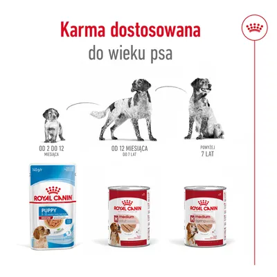Karma Royal Canin dla psów: Puppy od 2 do 12 miesięcy, Medium Adult od 12 miesięcy do 7 lat, Medium Ageing powyżej 7 lat. Ilustracja etapów życia psa i opakowań karmy.