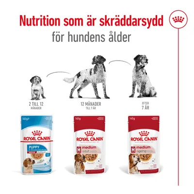 Royal Canin våtfoder för hund: Puppy 2 till 12 månader, Medium Adult 12 månader till 7 år, Medium Ageing efter 7 år. Text: Nutrition som är skräddarsydd för hundens ålder.