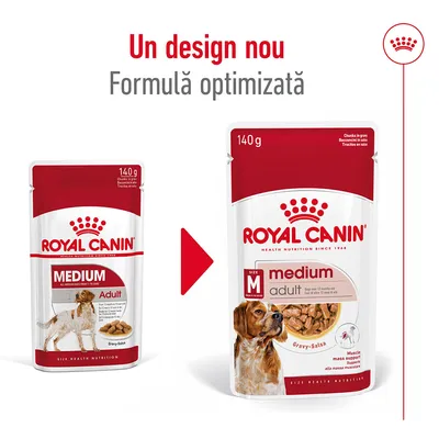 Royal Canin Medium Adult 140g, prezentare design vechi și nou al ambalajului. Text vizibil: Un design nou, Formulă optimizată, Gravy-Salsa, Muscle mass support.
