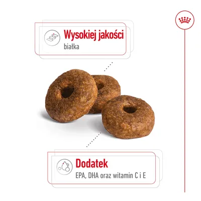 Trzy chrupki z widocznymi napisami: Wysokiej jakości białka; Dodatek EPA, DHA oraz witamin C i E.