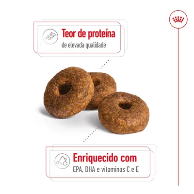 Ração em forma de anel. Texto visível: 'Teor de proteína de elevada qualidade' e 'Enriquecido com EPA, DHA e vitaminas C e E'.