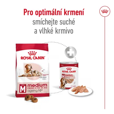 Pro optimální krmení smíchejte suché a vlhké krmivo. Royal Canin medium ageing 10+ pro psy 11–25 kg, balení granulí a konzervy s masem na talíři.