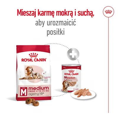 Royal Canin medium ageing 10+ karma sucha i mokra dla psów 11–25 kg. Mieszaj karmę mokrą i suchą, aby urozmaicić posiłki.