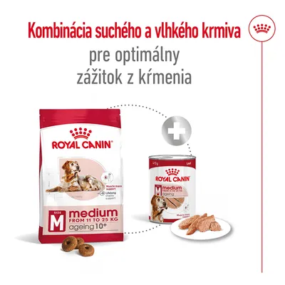 Royal Canin medium ageing 10+ suché a vlhké krmivo pre psy od 11 do 25 kg. Text: Kombinácia suchého a vlhkého krmiva pre optimálny zážitok z kŕmenia.