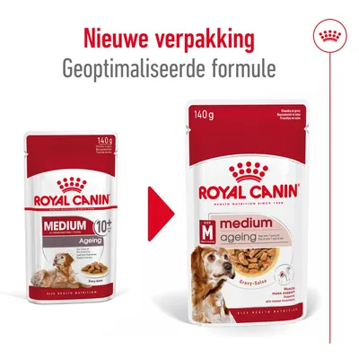 Royal Canin Medium Ageing 10+ hondenvoer, nieuwe verpakking en geoptimaliseerde formule, 140 g. Vergelijking van oud en nieuw design met zichtbare productnaam en gewicht.
