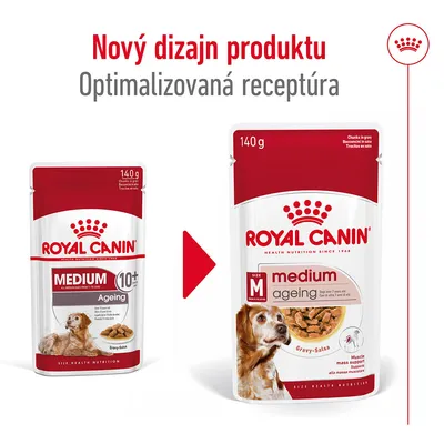 Nový dizajn produktu Royal Canin Medium Ageing 10+ 140 g, optimalizovaná receptúra. Porovnanie starého a nového balenia s viditeľným názvom a obrázkom psa.