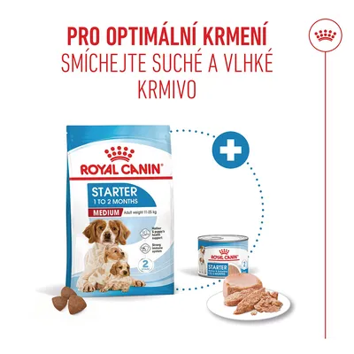 Návod: Pro optimální krmení míchejte granule a vlhké krmivo. Na obrázku jsou Royal Canin Starter Medium granule a vlhké krmivo pro 1, až 2 měsíce. Návod: Pro optimální krmení míchejte granule a vlhké krmivo. Na obrázku jsou Royal Canin Starter Medium granule a vlhké krmivo pro 1, až 2 měsíce.