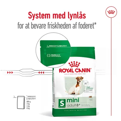 Royal Canin mini adult 8+ hundefoder med lynlåslukning. Tekst: System med lynlås for at bevare friskheden af foderet. easyopen & zipsystem, freshpack protective atmosphere.