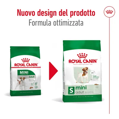 Nuovo design del prodotto Royal Canin Mini Adult, formula ottimizzata. Immagine delle due confezioni a confronto con testo visibile: 'Weight maintenance', 'Size S up to 10 kg'.
