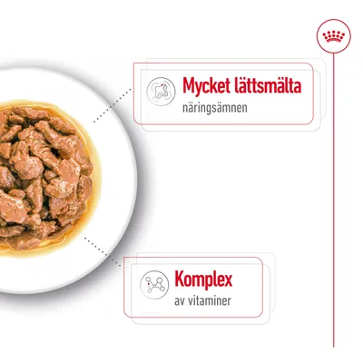 Skål med våtfoder. Text: Mycket lättsmälta näringsämnen, Komplex av vitaminer.