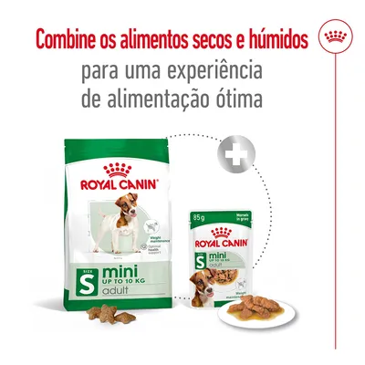 Royal Canin mini adult até 10 kg, embalagem de ração seca e saqueta húmida de 85 g. Texto: Combine os alimentos secos e húmidos para uma experiência de alimentação ótima. Royal Canin mini adult até 10 kg, embalagem de ração seca e saqueta húmida de 85 g. Texto: Combine os alimentos secos e húmidos para uma experiência de alimentação ótima.