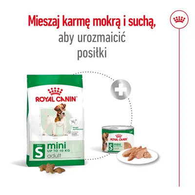 ROYAL CANIN mini adult do 10 kg, karma sucha i mokra. Tekst: Mieszaj karmę mokrą i suchą, aby urozmaicić posiłki.