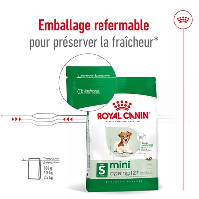 Emballage refermable Royal Canin mini ageing 12+ S, easyopen & zipsystem, freshpack, tailles 800 g, 1,5 kg, 3,5 kg. Pour préserver la fraîcheur.