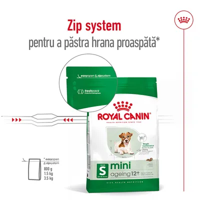 Pachet Royal Canin mini ageing 12+ cu sistem zip pentru păstrarea hranei proaspete, text vizibil: easyopen & zipsystem, freshpack, greutăți 800 g, 1.5 kg, 3.5 kg.