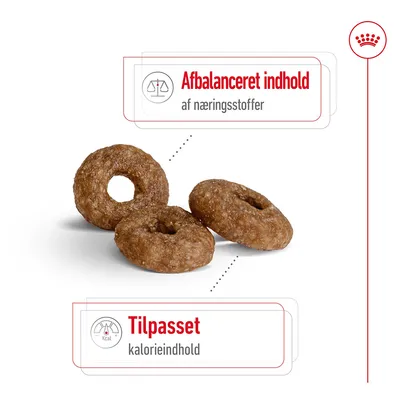 Tre runde foderpiller. Tekst: Afbalanceret indhold af næringsstoffer. Tilpasset kalorieindhold.
