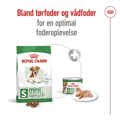 Bland tørfoder og vådfoder for en optimal foderoplevelse. Royal Canin mini ageing 12+ S op til 10 kg, tør- og vådfoder vist med emballage og foder på tallerken.