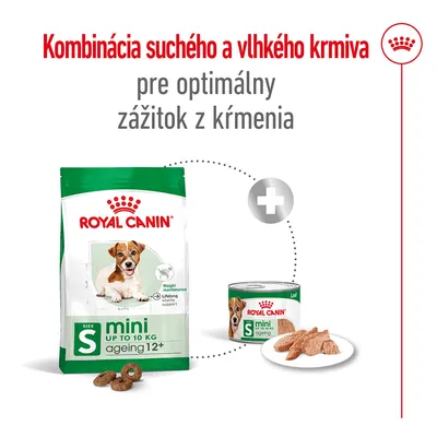 Kombinácia suchého a vlhkého krmiva Royal Canin mini ageing 12+ pre psy do 10 kg. Pre optimálny zážitok z kŕmenia. Zobrazené balenie granúl a konzerva s kúskami na tanieri.