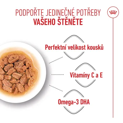Miska s vlhkým krmivem, Text: Perfektní velikost kousků, vitaminy C a E, omega-3 DHA. Miska s vlhkým krmivem, Text: Perfektní velikost kousků, vitaminy C a E, omega-3 DHA.