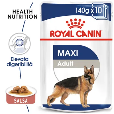 Royal Canin Maxi Adult 140 g x10, elevata digeribilità, salsa. Immagine di un pastore tedesco sulla confezione. Testo visibile: Health Nutrition.