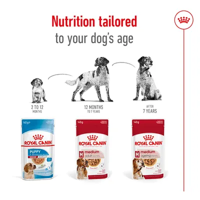 Three Royal Canin dog food pouches for different life stages: puppy (2-12 months), adult (12 months-7 years), and ageing (after 7 years). Nutrition tailored to age.