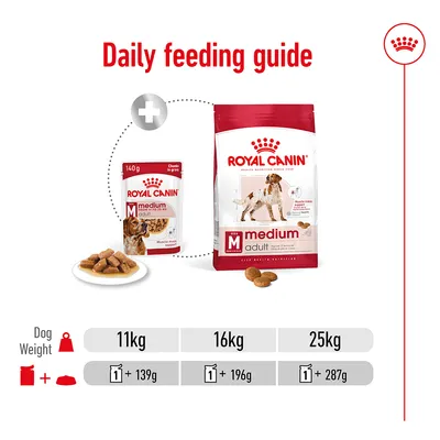 Daily feeding guide showing recommended amounts of dry and wet food for 11kg, 16kg, and 25kg dog weights: 1 pouch plus 139g, 196g, or 287g dry food respectively.