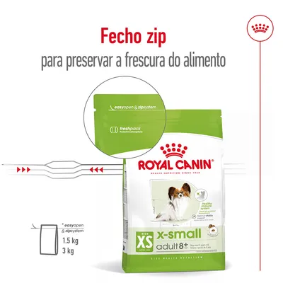 Royal Canin x-small adult 8+ com fecho zip para preservar a frescura. Texto visível: easyopen & zipsystem, freshpack protective atmosphere. Embalagens de 1,5 kg e 3 kg. Royal Canin x-small adult 8+ com fecho zip para preservar a frescura. Texto visível: easyopen & zipsystem, freshpack protective atmosphere. Embalagens de 1,5 kg e 3 kg.