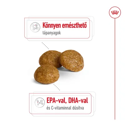 Három barna száraztáp szem, mellette feliratok: Könnyen emészthető tápanyagok; EPA-val, DHA-val és C-vitaminnal dúsítva. Három barna száraztáp szem, mellette feliratok: Könnyen emészthető tápanyagok; EPA-val, DHA-val és C-vitaminnal dúsítva.