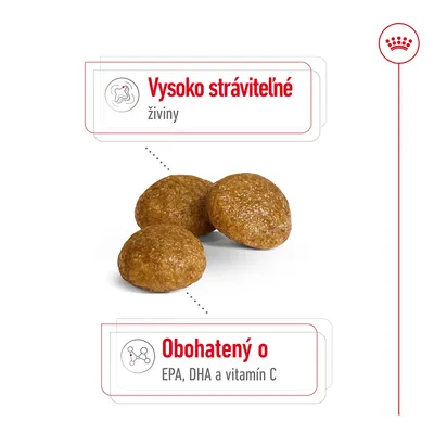 Granule s textom: Vysoko stráviteľné živiny. Obohatený o EPA, DHA a vitamín C.