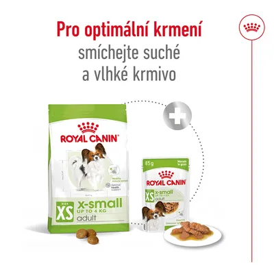 Pro optimální krmení smíchejte suché a vlhké krmivo. Royal Canin x-small adult do 4 kg, balení granulí a kapsička 85 g.