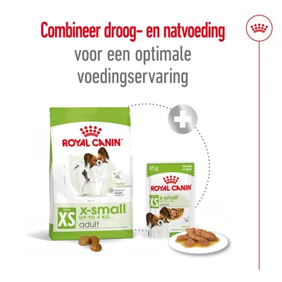 Royal Canin x-small adult droog- en natvoeding, combineer voor optimale voedingservaring. Verpakking met hond, zak 4 kg, pouch 85 g, brokjes en stukjes in saus zichtbaar.