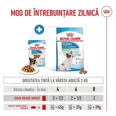 Tabel de hrănire pentru Royal Canin Puppy X-Small: cantități recomandate de hrană umedă și hrană uscată în funcție de vârsta câinelui în luni (4, 6, 8) și greutatea țintă, 2 kg. Tabel de hrănire pentru Royal Canin Puppy X-Small: cantități recomandate de hrană umedă și hrană uscată în funcție de vârsta câinelui în luni (4, 6, 8) și greutatea țintă, 2 kg.