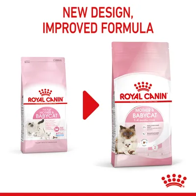 Royal Canin Mother & Babycat packaging update shown with new design and improved formula text, displaying old and new product bags side by side.