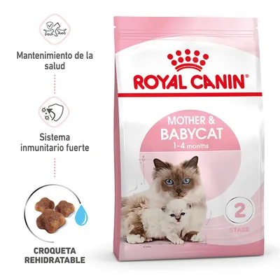 Royal Canin Mother & Babycat 1–4 months. Mantenimiento de la salud, sistema inmunitario fuerte, croqueta rehidratable. Imagen de gata y gatito en el envase.