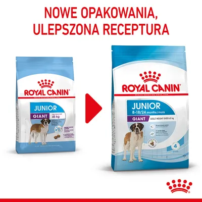 Royal Canin Junior Giant – porównanie starego i nowego opakowania karmy dla psów powyżej 45 kg. Napis: Nowe opakowania, ulepszona receptura.