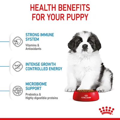Health benefits for your puppy: strong immune system with vitamins and antioxidants, intense growth controlled energy, microbiome support with prebiotics and highly digestible proteins.