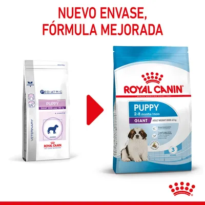 Cambio de envase y fórmula mejorada de Royal Canin Puppy Giant Dog over 45 kg. Nuevo paquete muestra cachorro, texto: PUPPY 2-8 months/mois GIANT, peso adulto más de 45 kg.