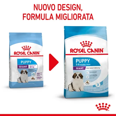 Royal Canin Puppy Giant: confronto tra vecchio e nuovo design della confezione, testo visibile 'Nuovo design, formula migliorata', indicato per cuccioli oltre 45 kg, età 2–8 mesi.