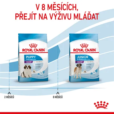 Royal Canin Puppy Giant 2–8 měsíců a Royal Canin Junior Giant 8–18/24 měsíců. V 8 měsících přejít na výživu mláďat. Značky a věková doporučení jsou viditelná na obalech.