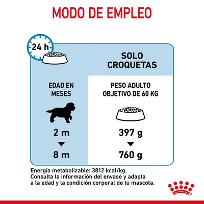 Modo de empleo: solo croquetas para perros de 2 a 8 meses, peso adulto objetivo 60 kg, cantidad diaria de 397 g a 760 g. Energía metabolizable: 3812 kcal/kg.