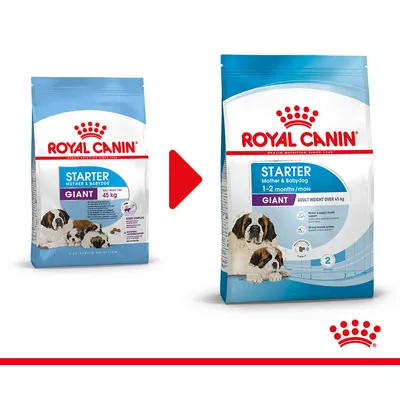 Royal Canin Starter Mother & Babydog Giant 45 kg og Royal Canin Starter Mother & Babydog Giant 1–2 months/adult weight over 45 kg. Billede viser ændring af emballage.